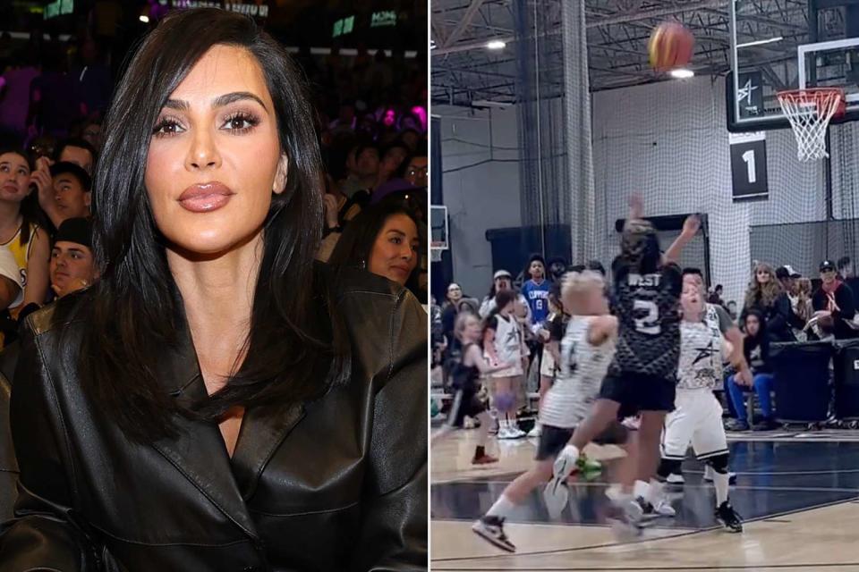 <p>Jim Poorten/NBAE via Getty; Instagram/kimkardashian</p> Kim Kardashian, Saint West taking last-second shot at basketball game on April 13