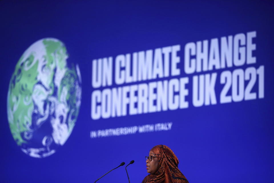 President of Tanzania Samia Suluhu Hassan speaks during the UN Climate Change Conference COP26 in Glasgow, Scotland, Tuesday, Nov. 2, 2021. (Hannah McKay/Pool via AP)