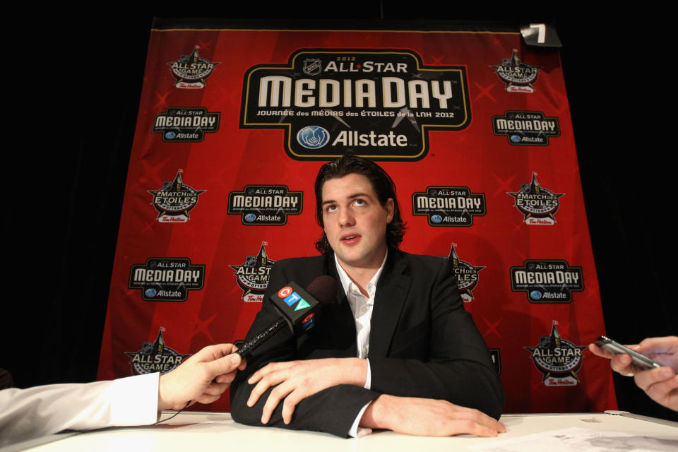 OTTAWA, ON - JANUARY 27: Team Chara forward Jamie Benn of the Dallas Stars speaks with the press during the 2012 NHL All-Star Game Player Media Availability at the Westin Ottawa on January 27, 2012 in Ottawa, Ontario, Canada. (Photo by Christian Petersen/Getty Images)