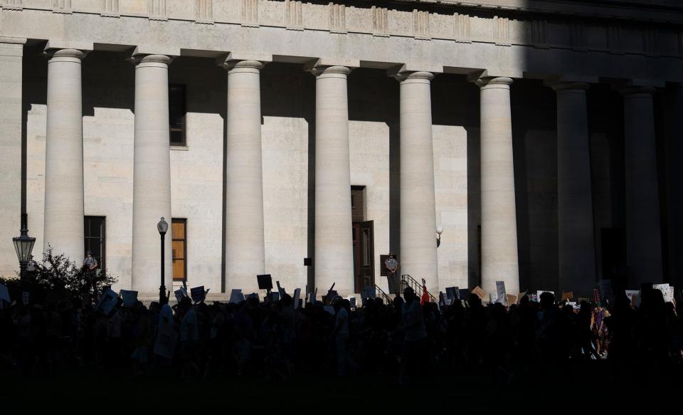 Jun 24, 2022; Columbus, OH, USA;  Over one thousand people showed up during an abortion rights protest at the Ohio State House, after the Supreme Court decision to overturn Roe v Wade. 