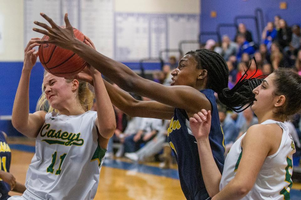 Red Bank Catholicâ€™s Fabienne Eggenschwiler battles with Franklinâ€™s Diamond Miller for a rebound during first half action. Red Bank Catholic vs Franklin Twp. in Coaches Choice USA Basketball in Holmdel NJ on January 27, 2019.