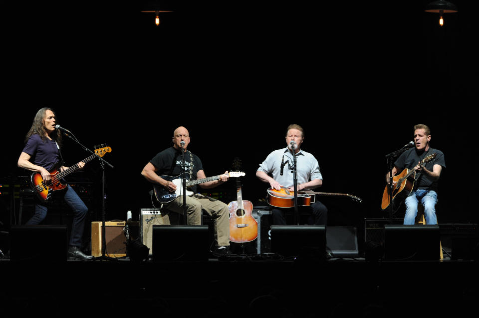 The Eagles, from left, Timothy B. Schmit, Bernie Leadon, Don Henley and Glenn Frey, perform at Madison Square Garden on Friday, Nov. 8, 2013 in New York. (Photo by Evan Agostini/Invision/AP)