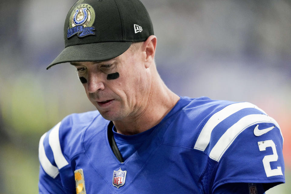 Nov 20, 2022; Indianapolis, Indiana, USA; Indianapolis Colts quarterback Matt Ryan (2) walks off the field Sunday, Nov. 20, 2022, after losing a game to the Philadelphia Eagles at Lucas Oil Stadium in Indianapolis. Mandatory Credit: Robert Scheer-USA TODAY Sports