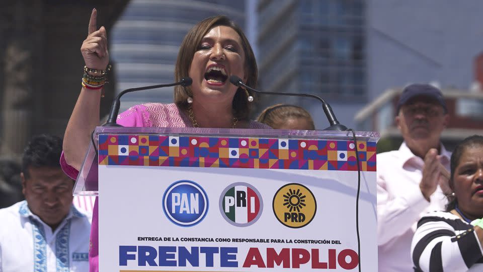 Senator Xóchitl Gálvez, opposition candidate for Mexico's 2024 presidential election, speaks at the Angel of Independence monument, in Mexico City, on Sunday. - Marco Ugarte/AP