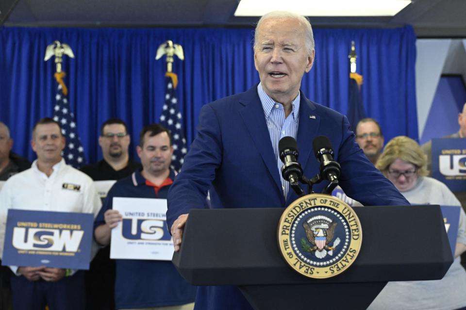 President Joe Biden speaks during an event at the United Steelworkers Headquarters in Pittsburgh, Pennsylvania, on April 17, 2024. Biden is urging a tripling of tariffs on Chinese steel and aluminum, citing 