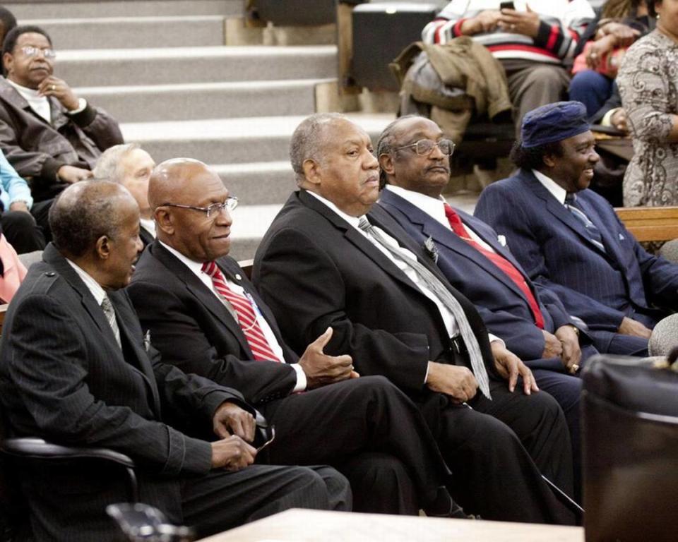 Members of the Friendship Nine, from left, John Gaines, W.T. Massey, Clarence Graham, Willie McCleod, and Mack Workman listen in court as their convictions are vacated in 2015 at the Rock Hill Municipal Court.