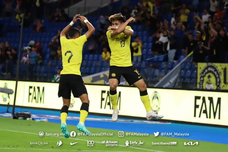 Malaysia's two scoring heroes, Faisal (left) and Akye (Photo: Malaysian Football Association Facebook)