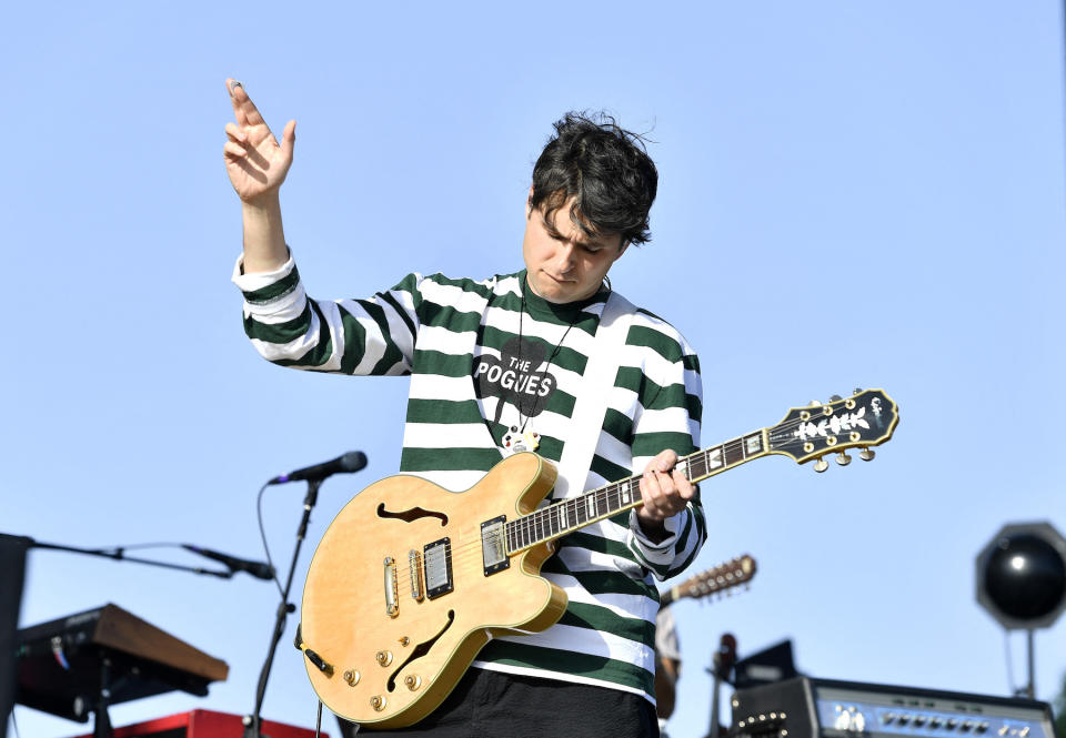 Ezra Koenig of Vampire Weekend performs at the Outdoor stage during the Coachella Valley Music and Arts Festival at the Empire Polo Club in Indio, California, on April 13, 2024. (Photo by VALERIE MACON / AFP)