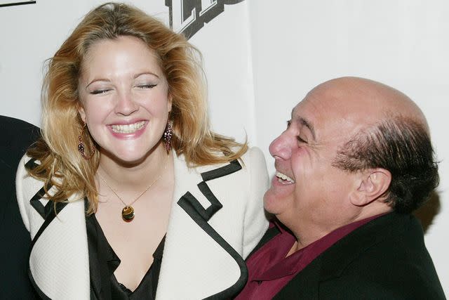 <p>Evan Agostini/Getty</p> Drew Barrymore and Danny DeVito in New York City on Sept. 18, 2003