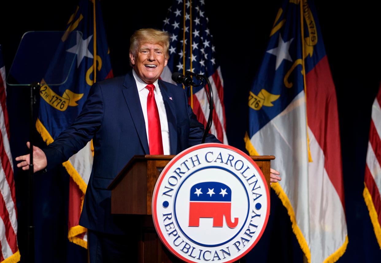 Former US President Donald Trump addresses the NCGOP state convention on June 5, 2021 in Greenville, North Carolina. The ex-president has claimed his endorsement ‘means more’ than anyone else’s ‘ever’. (Getty Images)
