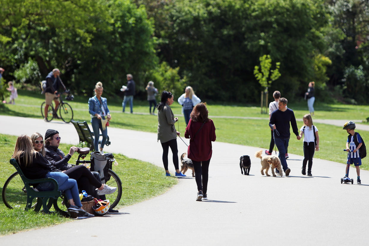 A general view of a busy footpath in Hove Park, near Brighton, as the UK continues in lockdown to curb the spread of Coronavirus during the pandemic.