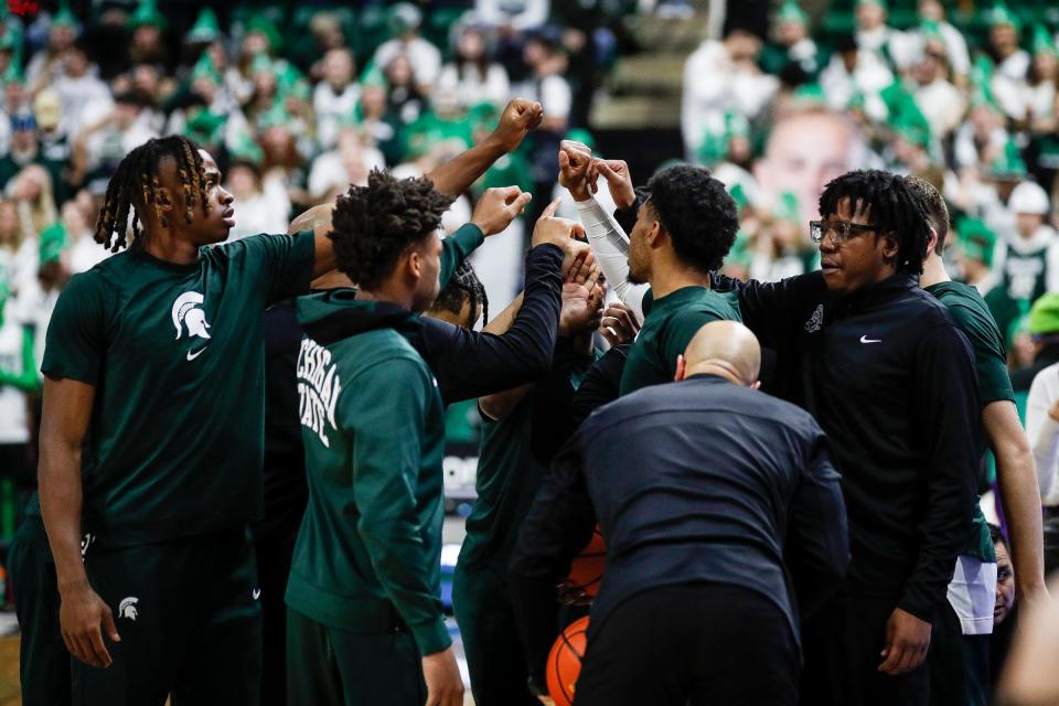 Michigan State players huddle before the game between Michigan State and Michigan at Breslin Center in East Lansing on Tuesday, Jan. 30, 2024.