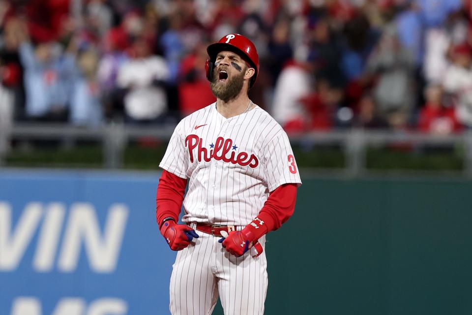 Game 4: Bryce Harper reacts after a double in the fifth inning.