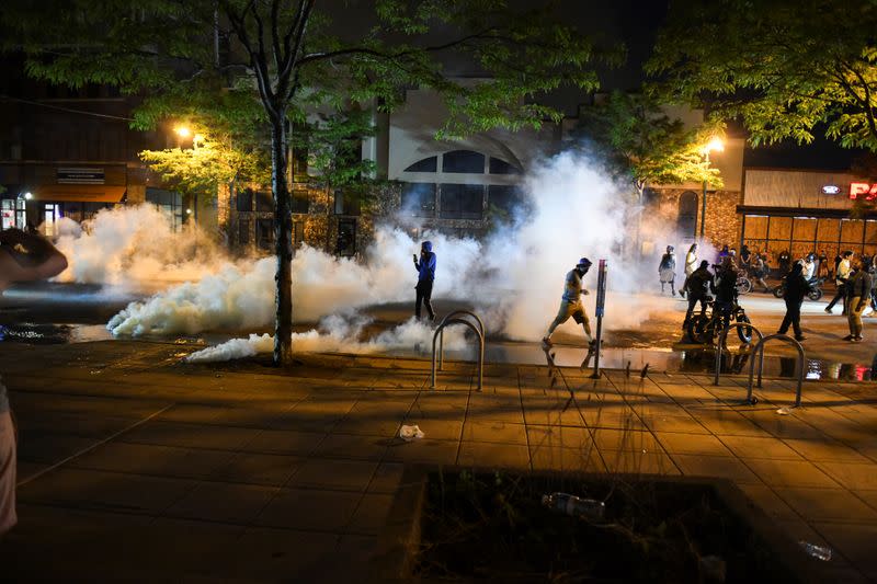 Protesters gather near the Minneapolis Police third precinct