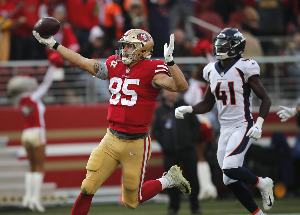 George Kittle had an important place to be Sunday night and the media wasn’t going to stop him. (AP Photo/John Hefti)