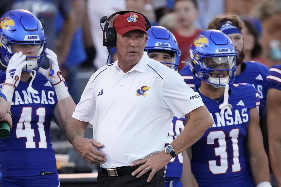 Kansas head coach Lance Leipold watches during a game against Missouri State Friday, Sept. 1, 2023, in Lawrence, Kan. The Jayhawks host BYU Saturday in the Big 12 opener for both squads. | Charlie Riedel, Associated Press