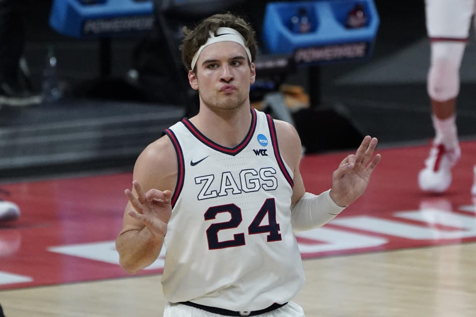 Gonzaga forward Corey Kispert reacts to hitting a basket against Norfolk State. (AP Photo/Paul Sancya)