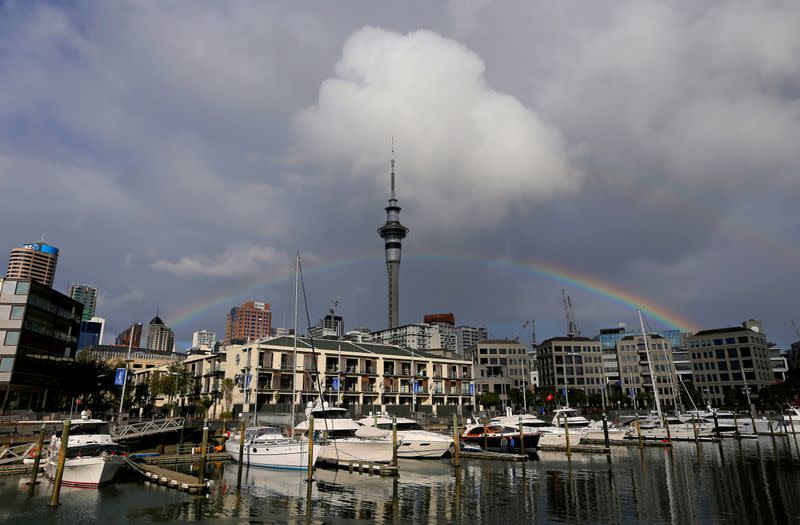 FILE PHOTO: A rainbow appears on the Auckland skyline featuring Sky Tower in New Zealand