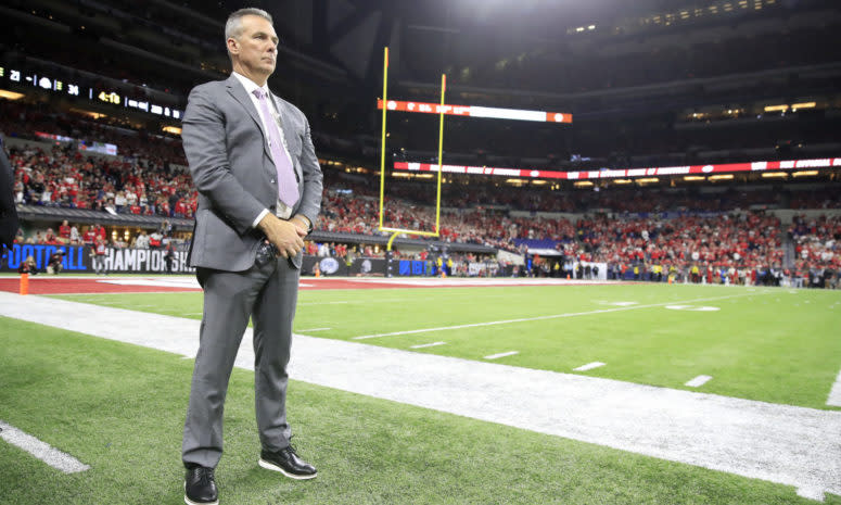 Urban Meyer on the sideline at the Big Ten Championship Game.