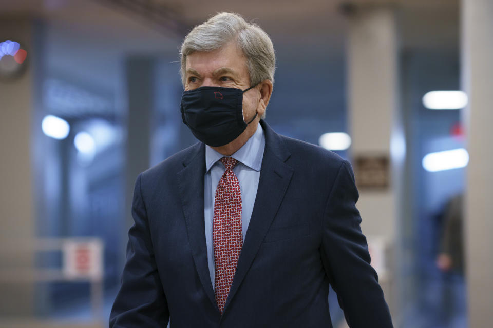 FILE - In this March 5, 2021, file photo, Sen. Roy Blunt, R-Mo., heads to the chamber as the Senate holds a voting marathon on the Democrats' $1.9 trillion COVID-19 relief bill that's expected to end with the chamber's approval of the measure, at the Capitol in Washington. Sen. Blunt says he will not seek a third term in the U.S. Senate. Blunt, who turned 71 in January, was widely expected to seek a third term in 2022. He made the surprise announcement in a video Monday, March 8, 2021. (AP Photo/J. Scott Applewhite File)