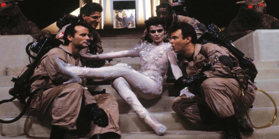 A still from Ghostbusters (1984) shows Gozer lounging in front of the four Ghostbusters