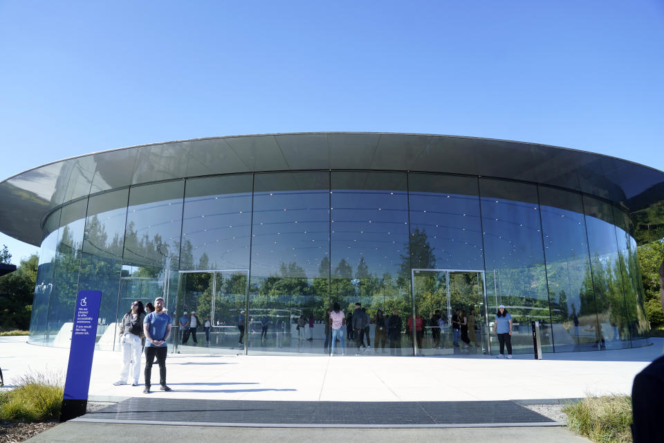 The exterior of the Steve Jobs Theater is shown on the Apple campus before an announcement of new products Tuesday, Sept. 12, 2023, in Cupertino, Calif. (AP Photo/Jeff Chiu)