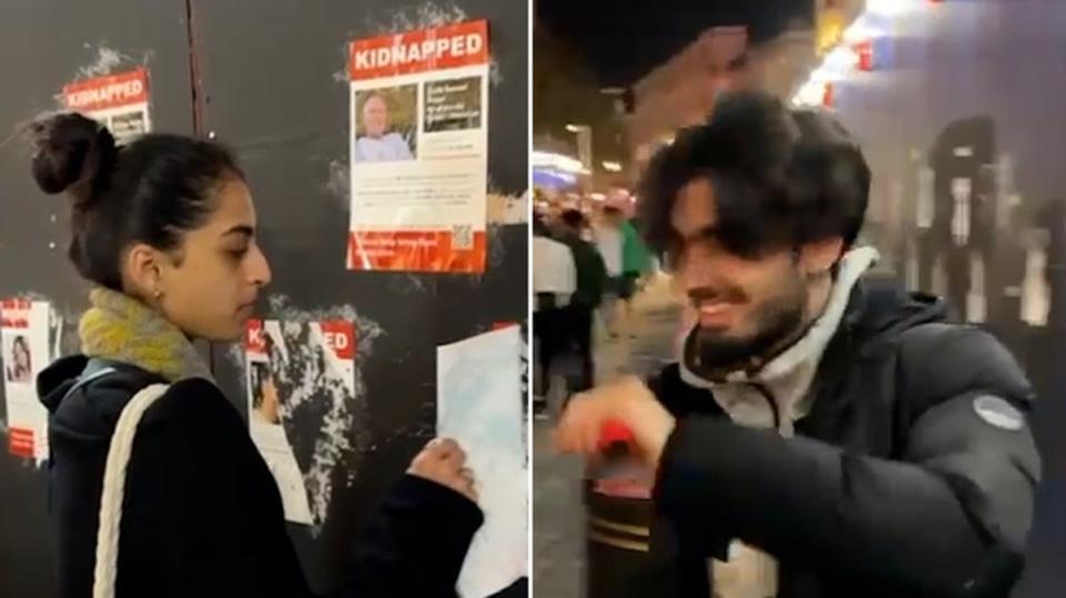 Smiling people tore down posters of kidnapped Israeli people in London’s Leicester Square, in one of several incidents this week (Richard Ferrer, Jewish News)