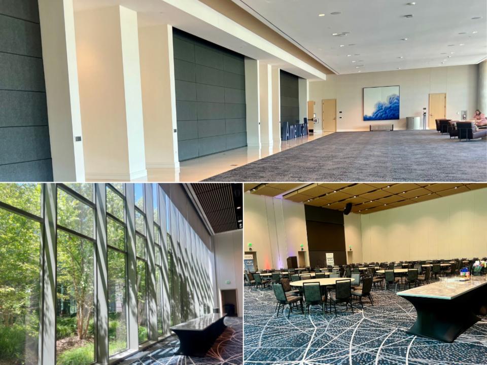 The ballroom at Skyview 6, collage showing garage doors, tables inside, and floor-ceiling windows.