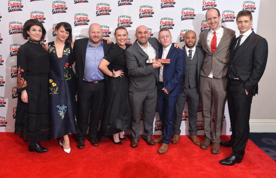 Caitlin Moran and the Cast of This Is England ’90; Jo Hartley, Mark Herbert, Chanel Cresswell, Shane Meadows, Thomas Turgoose, Andrew Shim, Guest and Max Irons pose in the winners room at the Jameson Empire Awards 2016. (Photo by Anthony Harvey/Getty Images)