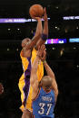 LOS ANGELES, CA - MAY 19: Kobe Bryant #24 of the Los Angeles Lakers shoots over Derek Fisher #37 of the Oklahoma City Thunder in the first quarter in Game Four of the Western Conference Semifinals in the 2012 NBA Playoffs on May 19 at Staples Center in Los Angeles, California. NOTE TO USER: User expressly acknowledges and agrees that, by downloading and or using this photograph, User is consenting to the terms and conditions of the Getty Images License Agreement. (Photo by Stephen Dunn/Getty Images)