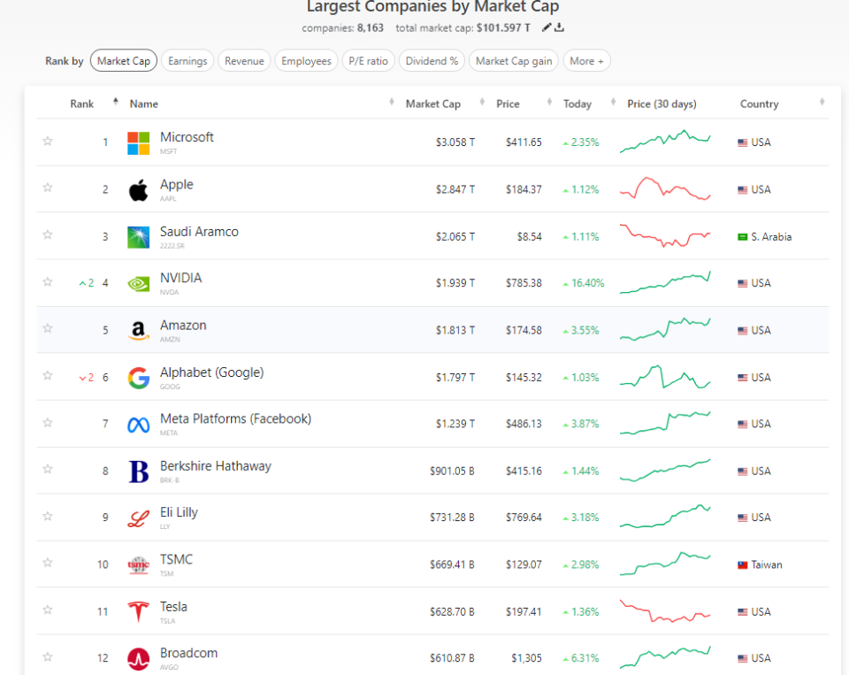 全球前十大市值企業排名，輝達擠進第四大。圖/翻攝自財經網站。