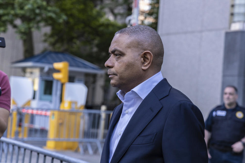 Jose Uribe, left, leaves the Manhattan federal court, after giving witness testimony during the trial for Sen. Bob Menendez, D-N.J., Monday, June 10, 2024, in New York. (AP Photo/Stefan Jeremiah)