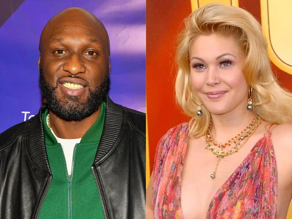 left: lamar odom, smiling and wearing a greens hirt with a leather jacket; right: shanna moakler, wearing a pink patterned dress and smiling with her hair curled