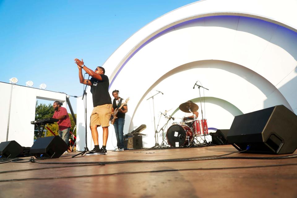 Jerome Chism and his band perform on the “Shell on Wheels” during Southwest Twin Drive-In’s first event since being closed since 2001 on Saturday, July 29, 2023 in the Westwood area of Memphis, Tenn.