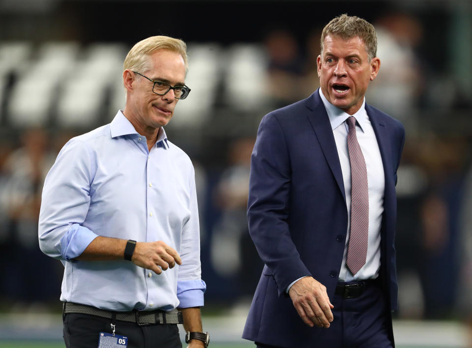 Oct 6, 2019; Arlington, TX, USA; Fox announcers Joe Buck and Troy Aikman on the field prior to the game with the Dallas Cowboys playing against the Green Bay Packers at AT&T Stadium. Mandatory Credit: Matthew Emmons-USA TODAY Sports