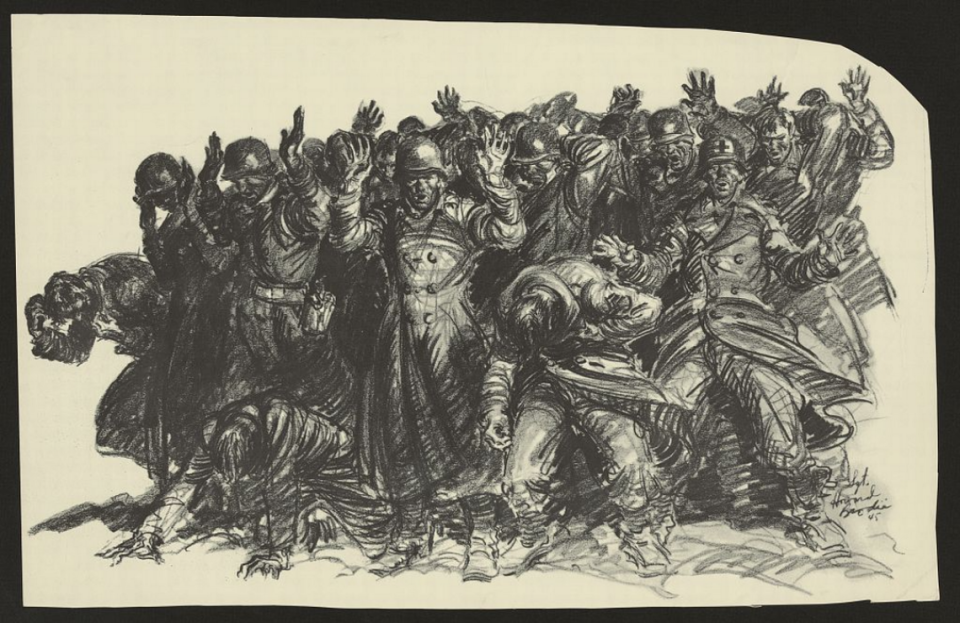 Drawing of the Malmedy Massacre by Howard Brodie, 1945.