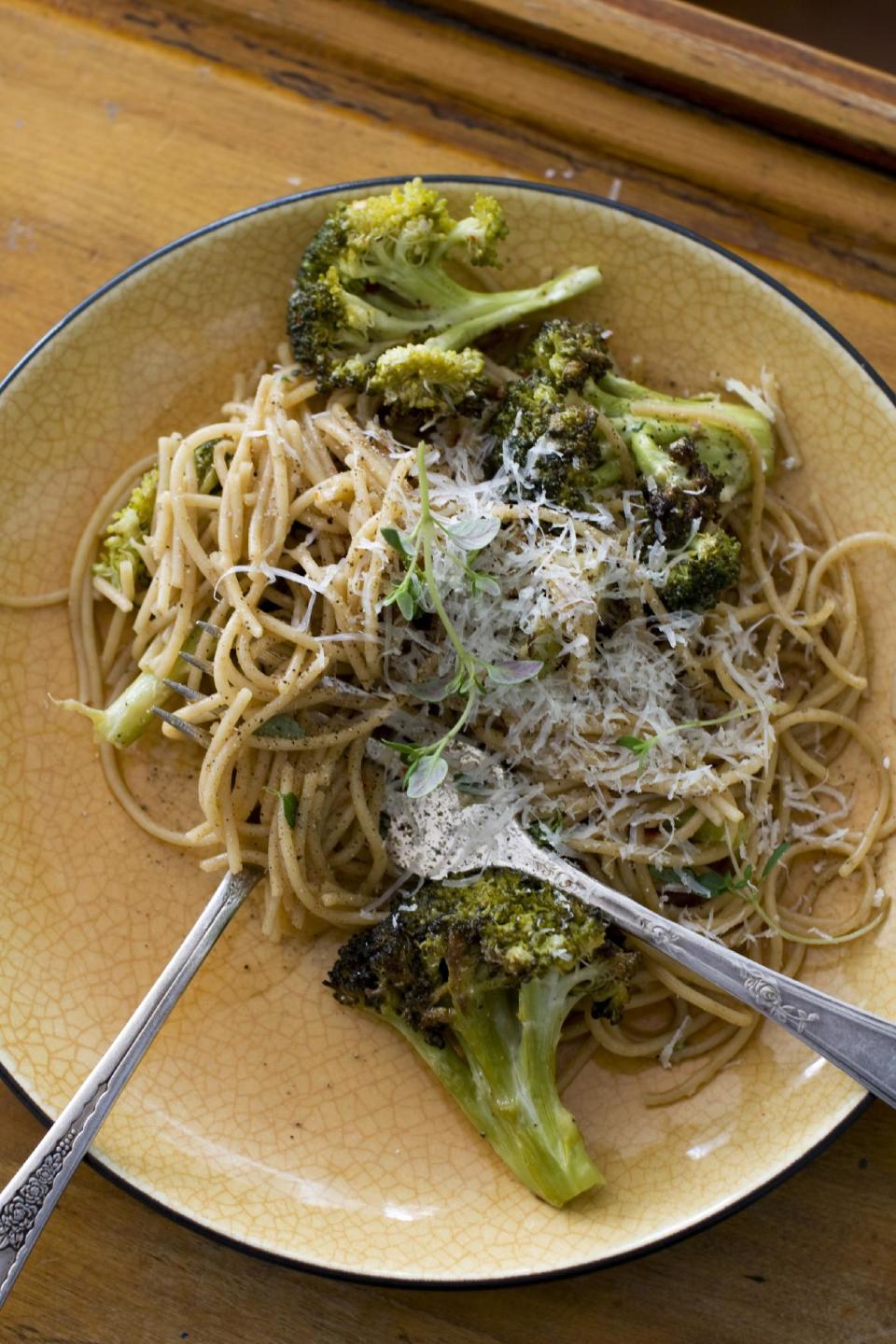 In this image taken on Dec. 3, 2012, cold weather broccoli pasta is shown in a serving dish, in Concord, N.H. (AP Photo/Matthew Mead)