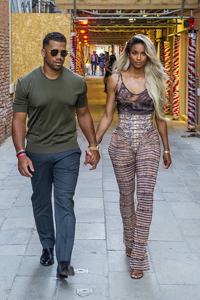 Russell Wilson and Ciara arrive at the Harry's Bar for a dinner on July 02, 2021, in Venice, Italy