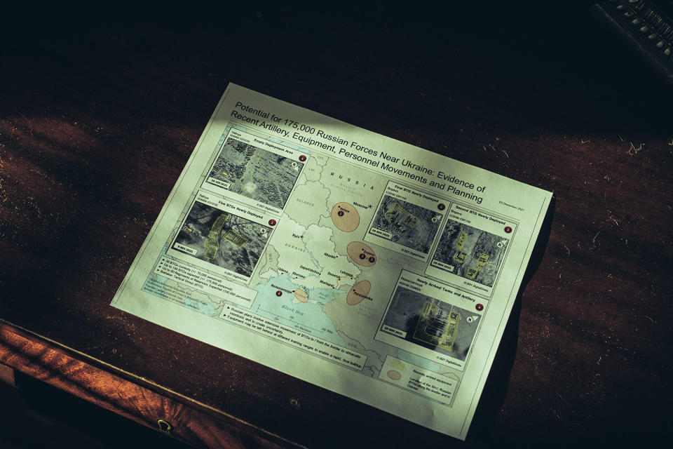 A document showing declassified details of Russian troop deployments along the Ukraine border.<span class="copyright">Stephen Voss for TIME</span>