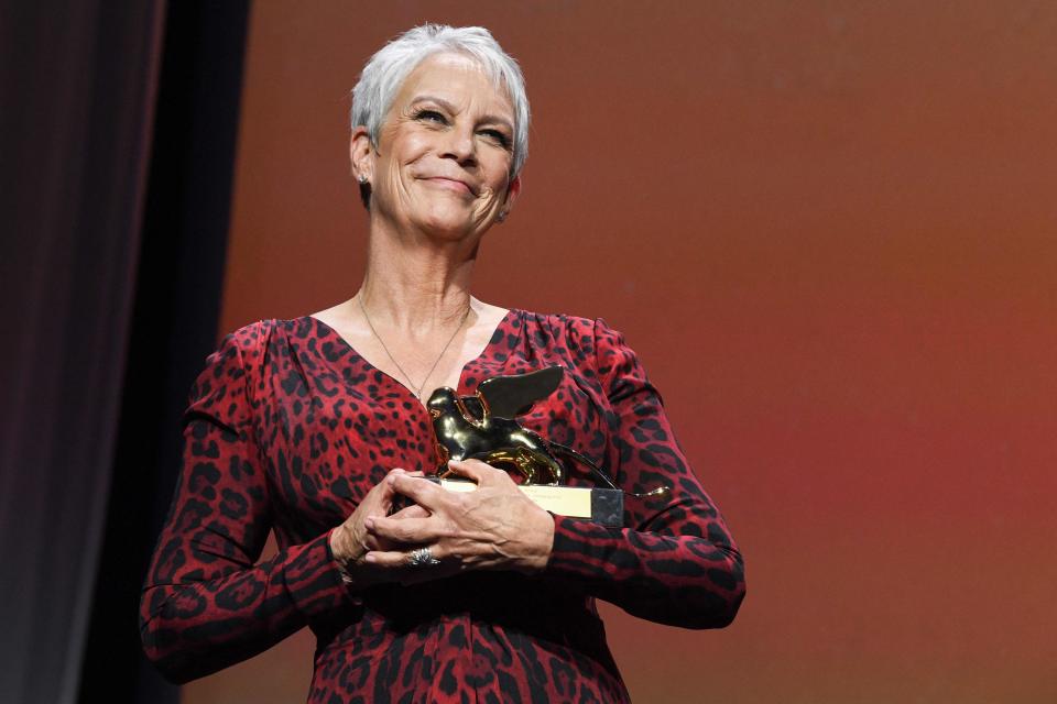 Jamie Lee Curtis acknowledges received a Golden Lion for lifetime achievement at the 78th Venice Film Festival, where "Halloween Kills" premiered last month.