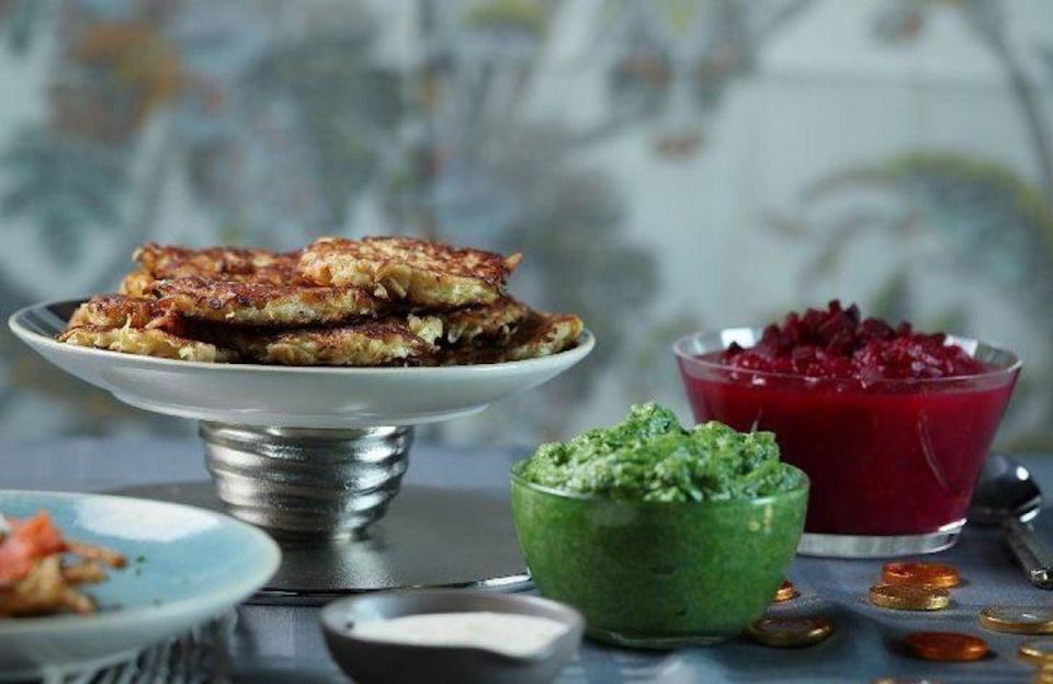 Root Vegetable Latkes with Beet Applesauce