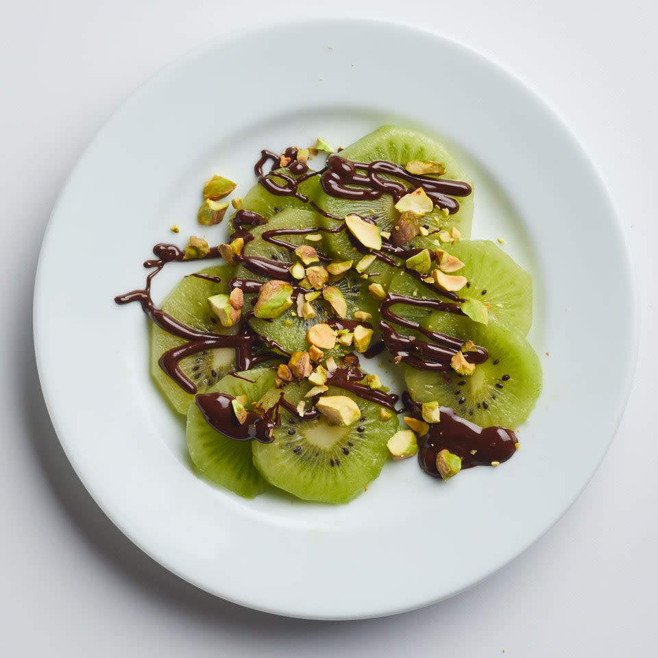 <p>Drizzle melted dark chocolate onto sliced kiwis and sprinkle with pistachio nuts for a fast healthy dessert or snack that satisfies your sweet, salty cravings. <a href="https://www.eatingwell.com/recipe/262762/chocolate-pistachio-kiwi/" rel="nofollow noopener" target="_blank" data-ylk="slk:View Recipe;elm:context_link;itc:0;sec:content-canvas" class="link ">View Recipe</a></p>