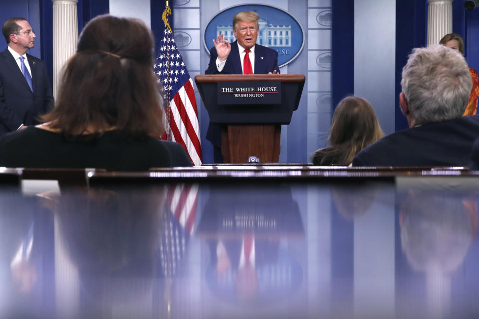 President Donald Trump speaks about the coronavirus in the James Brady Press Briefing Room of the White House, Friday, April 3, 2020, in Washington. (AP Photo/Alex Brandon)