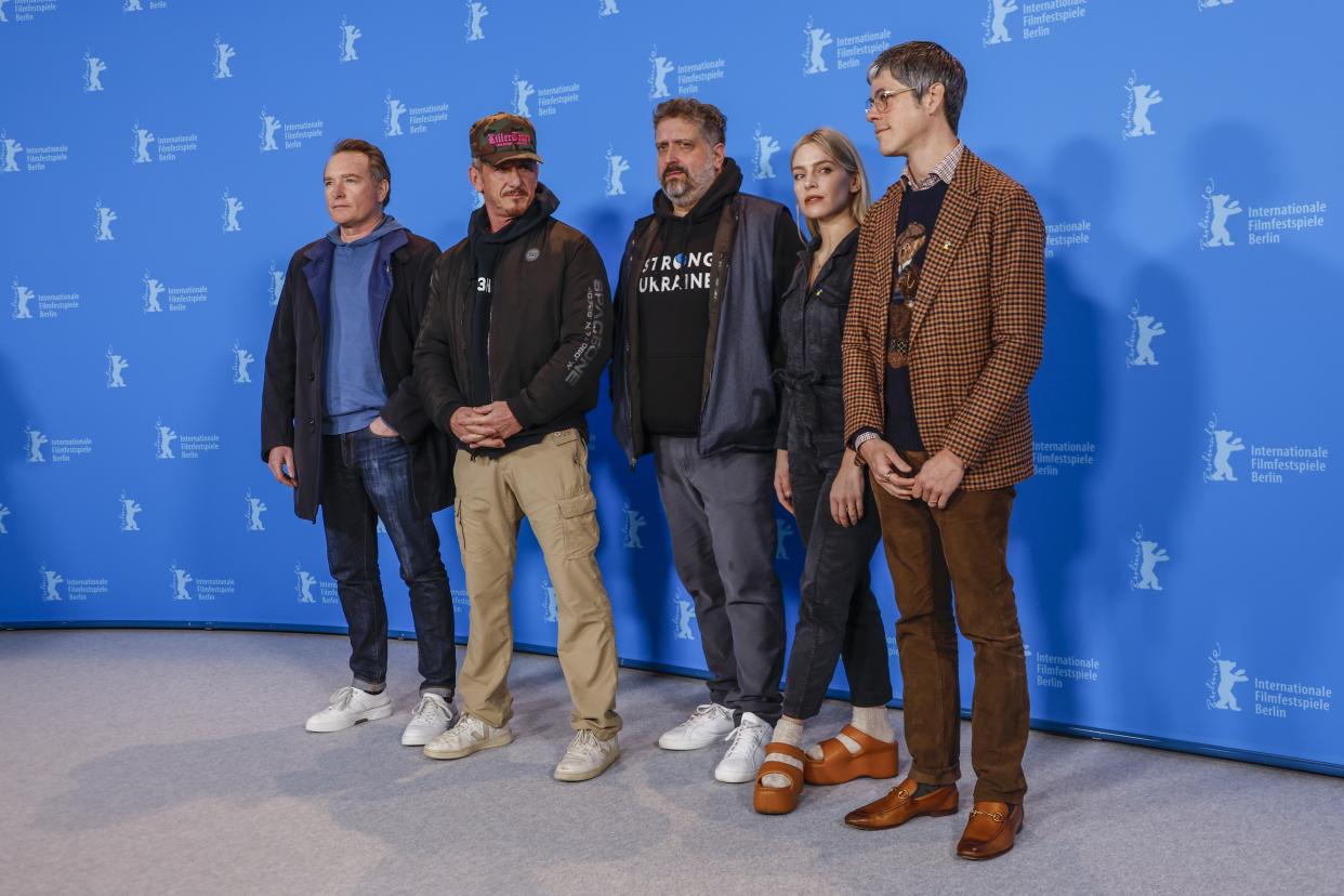 Producer Billy Smith, from left, director Sean Penn, left, producers Aaron Kaufman, Lauren Terp and Danny Gabai pose for photographers at the photo call for the film 'Superpower' during the International Film Festival 'Berlinale', in Berlin, Germany, Saturday, Feb. 18, 2023. (Photo by Joel C Ryan/Invision/AP)