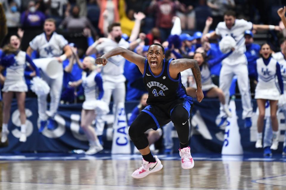 Kentucky's Dre'una Edwards (44) reacting after hitting a 3-point buzzer beater to win the SEC Championship game over South Carolina in Nashville, Tenn. on Sunday, March 6, 2022. 