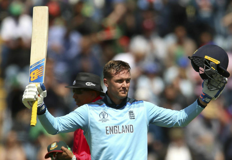 England's Jason Roy celebrates hitting a century during the ICC Cricket World Cup group stage match between England and Bangladesh at the Cardiff Wales Stadium, Wales, Saturday, June 8, 2019. (Nigel French/PA via AP)