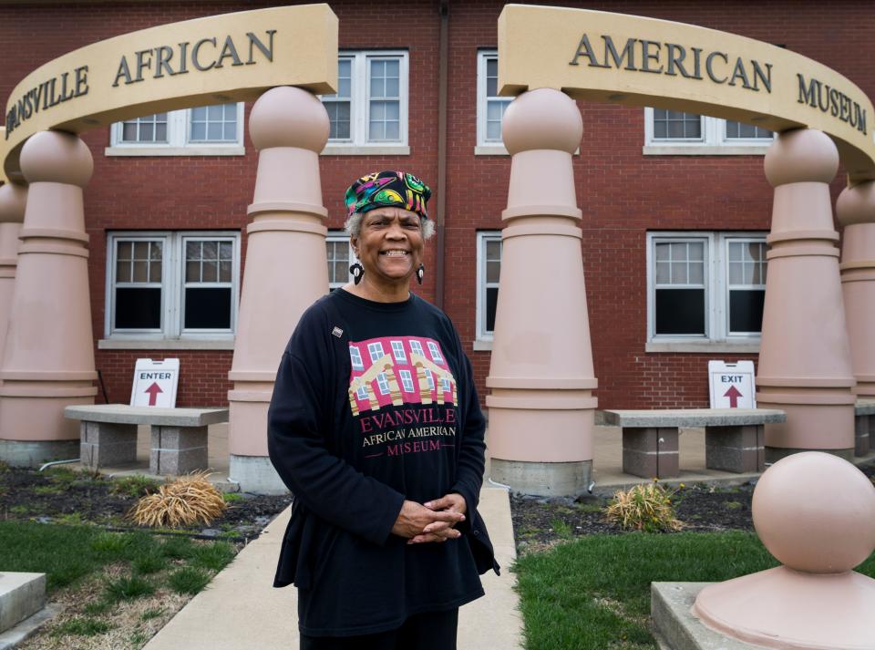 Sondra Matthews poses in front of the Evansville African American Museum Thursday, April 7, 2022.