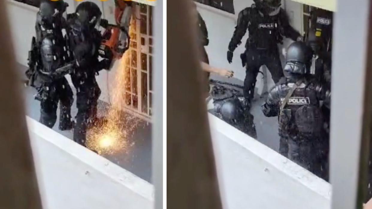 Police officers in protective gear are seen in a TikTok video posted by user zailia7276, showcasing the moment when officers used an electric saw to breach a unit's main gate, emitting sparks. Following the breach, officers with riot shields entered the unit