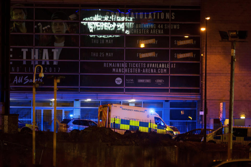 A police van and an ambulance are seen outside the Manchester Arena.&nbsp;