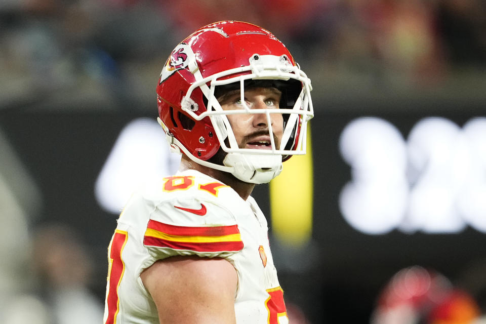 LAS VEGAS, NEVADA - NOVEMBER 26: Travis Kelce #87 of the Kansas City Chiefs looks on during the fourth quarter of a game against the Las Vegas Raiders at Allegiant Stadium on November 26, 2023 in Las Vegas, Nevada. (Photo by Jeff Bottari/Getty Images)